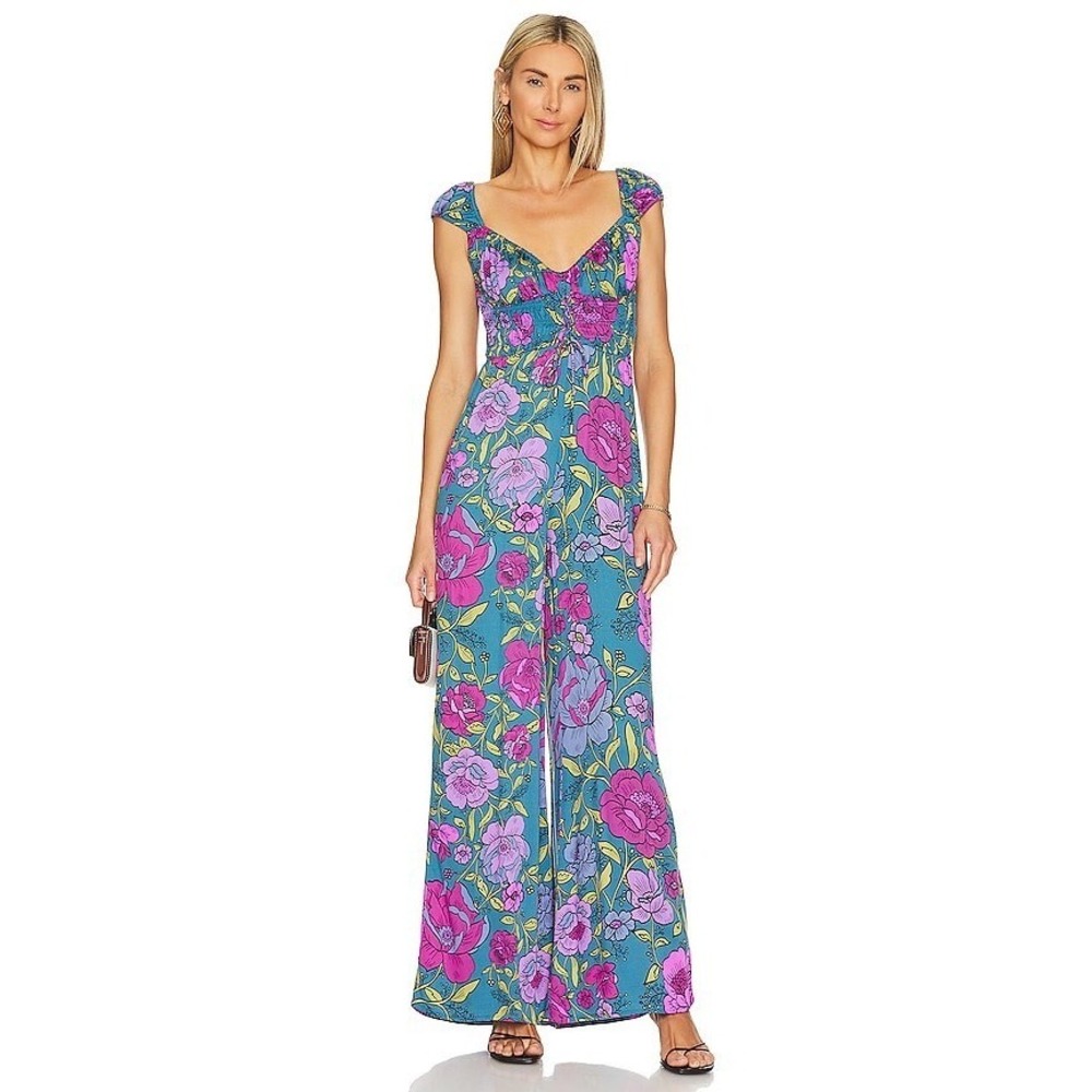 New NWT Free People Rolling Hills Bluebell Smocked Lace Up Wide Leg Jumpsuit -S